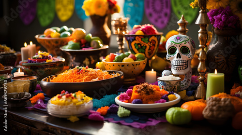 Obraz na płótnie Day of the Dead altar with vibrant food offerings, decorative sugar skull, lit candles, and colorful paper banners in a dimly lit ambiance w salonie