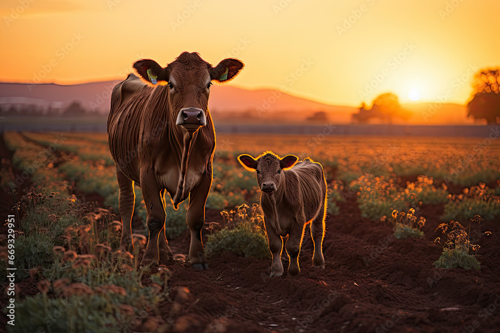 a mother cow and her calf in a field at sunset with the sun shining through the clouds over the hills a mother cow and her calf in a field at sunset with the sun shining through the clouds over the hills