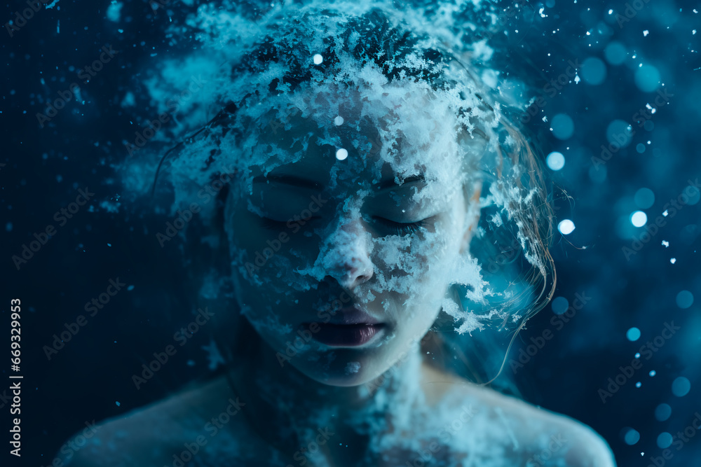 An abstract photo depicts the concept of a woman's mental struggle, symbolized by a head covered in icy blue snow. With her eyes closed, she appears to be crying, surrounded by a dark, melancholic rai An abstract photo depicts the concept of a woman's mental struggle, symbolized by a head covered in icy blue snow. With her eyes closed, she appears to be crying, surrounded by a dark, melancholic rai