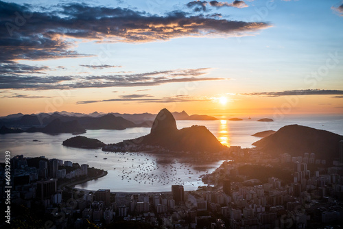 Rio de Janeiro at Sunrise, Sugarloaf Mountain Pao de Acucar and Guanabara Bay, Brazil photo
