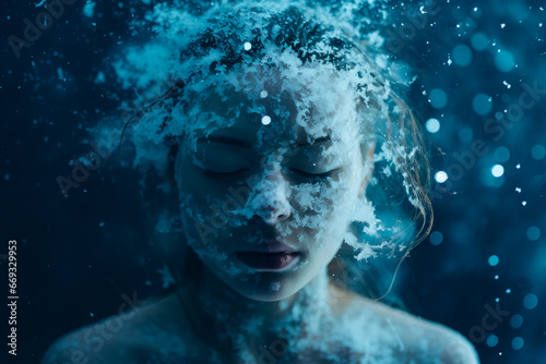 An abstract photo depicts the concept of a woman s mental struggle  symbolized by a head covered in icy blue snow. With her eyes closed  she appears to be crying  surrounded by a dark  melancholic rai