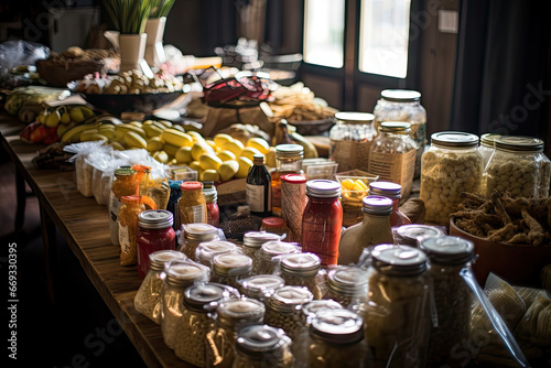food that is on the table in front of some bottles and jars with fruit  bananas  orange juices  and other items