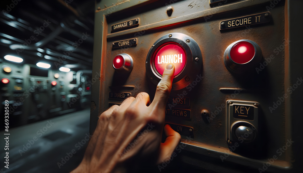 Finger pressing a red launch button in an underground missile silo - obrazy, fototapety, plakaty 