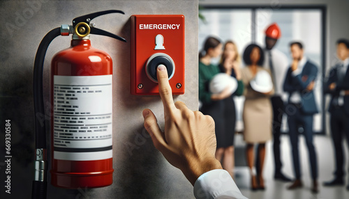 Activating emergency button. Finger presses a button near fire extinguisher, with office workers and safety helmets ready photo