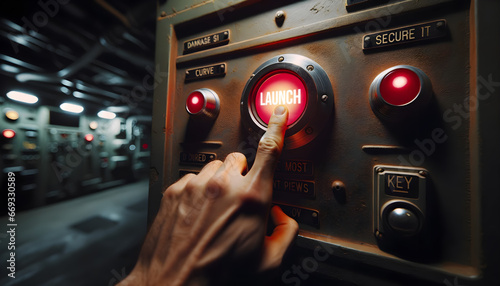 Finger pressing a red launch button in an underground missile silo photo