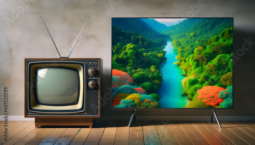 Vintage tube TV displaying white noise sits beside a modern flat screen showcasing vivid colours. New improved concept