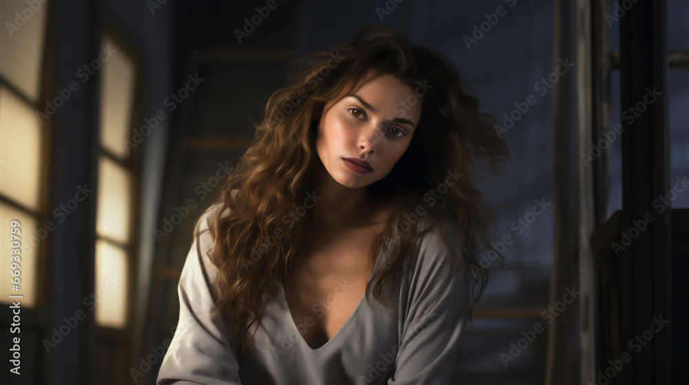 Portrait of a woman in her studio. Long brown hair, wearing a blue long-sleeved shirt. Artist in an empty room with window light. Portrait of a woman in her studio. Long brown hair, wearing a blue long-sleeved shirt. Artist in an empty room with window light.