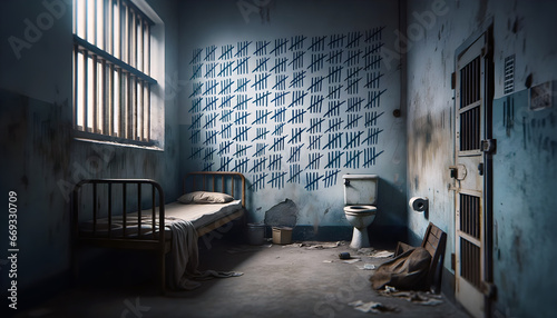 Old prison cell wall etched with tally marks to count the number of days incarcerated