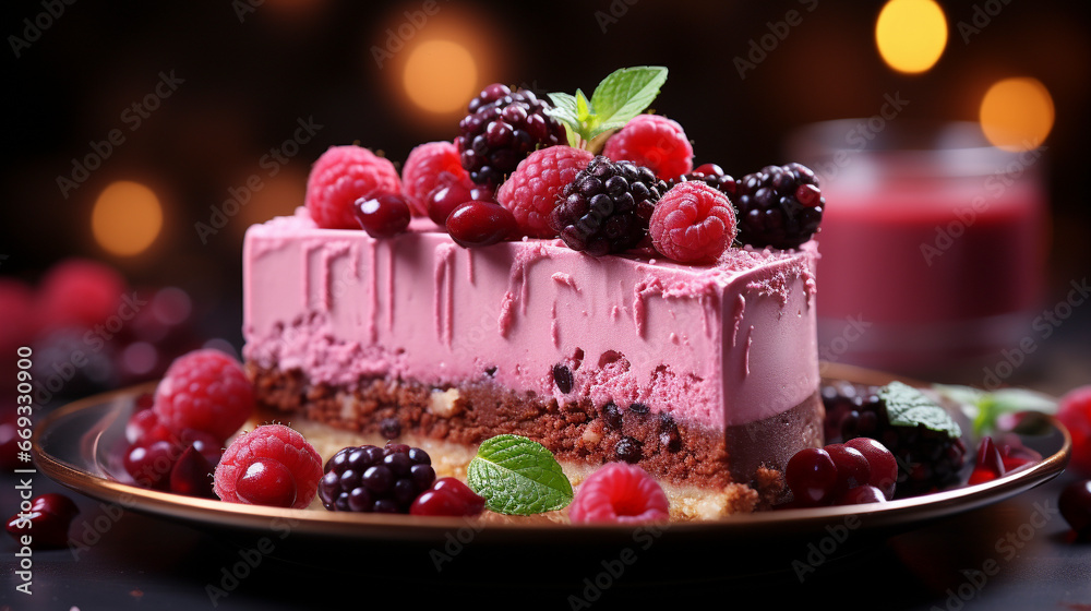 Slice of delicious berry mousse cake Slice of delicious berry mousse cake