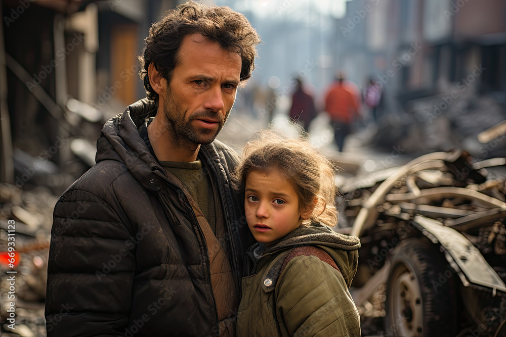 a man and a little girl standing in front of a pile of junks on the side of a road a man and a little girl standing in front of a pile of junks on the side of a road