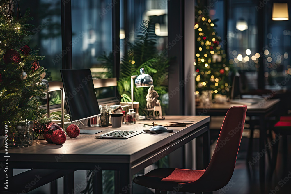 a table with a laptop and christmas tree in the background, as seen from an office window at night time