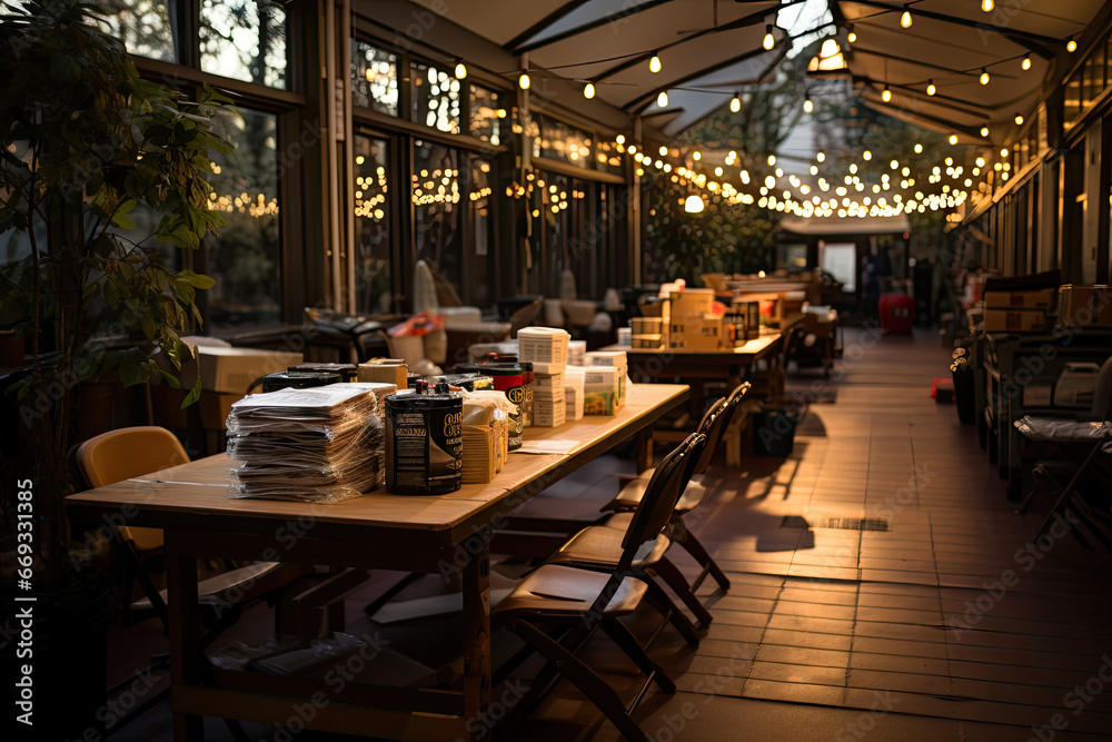 an outdoor dining area with lights on the ceiling and tables set up for dinner in the evening sun shines through the windows