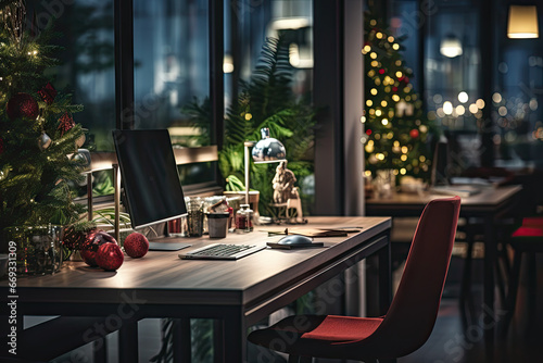 a table with a laptop and christmas tree in the background  as seen from an office window at night time