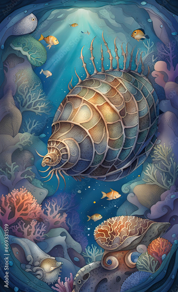 Watercolor illustration of a sunken ship underwater, tropical coral ...