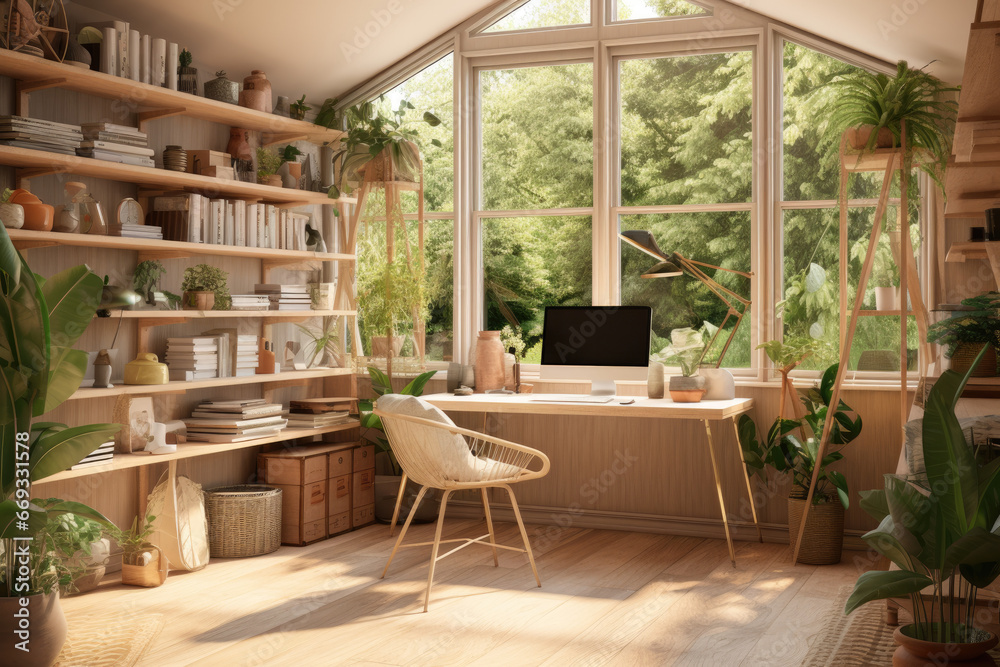 Work space with bookshelves, lots of trees and natural light