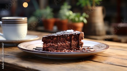 Sweet Chocolate cake on wooden table