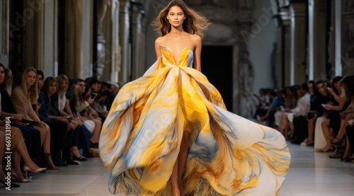 a woman in a designed dress walks down the runway for couture 
