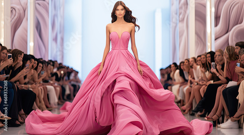 a woman in a designed dress walks down the runway for couture  photo
