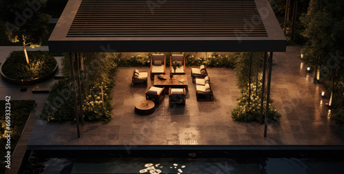 aerial view of a modern pergola with furniture and swimming pool