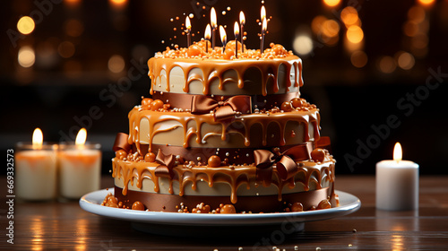 Tiered birthday cake with golden candles