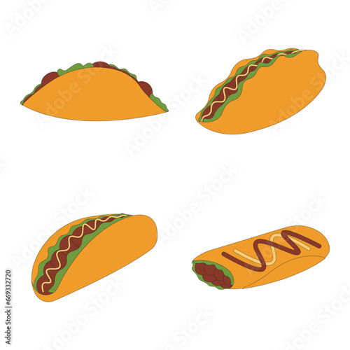 Tacos Food Illustration With Cartoon Design. Isolated Vector Set. 