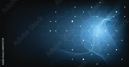 Background of hexagon geometric dark blue pattern bright. healthcare medical and technology background.Graphic digital science concept design.
