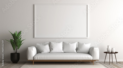 Mock-up picture frame on the sofa in a living room with white interior