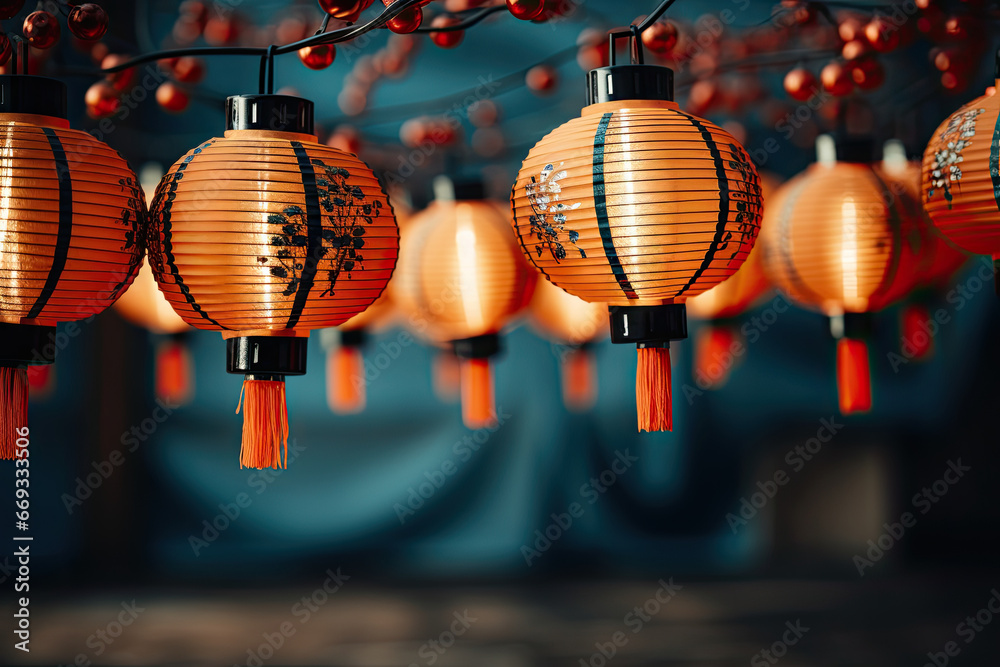 Fototapeta premium chinese lanterns hanging from a tree branch in front of a blue wall with red and orange lights on the branches
