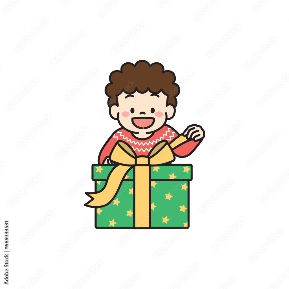 クリスマスプレゼントを開封する子どものイラスト 男の子 クリスマスプレゼントを開封する子どものイラスト 男の子