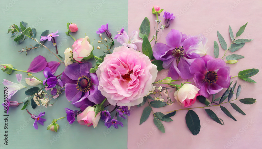 Fototapeta premium Top view image of pink and purple flowers composition over pastel background .Flat lay