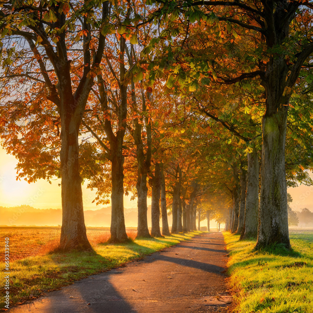 Fototapeta premium Avenue of Horse Chestnut Trees in the warm light of the rising sun