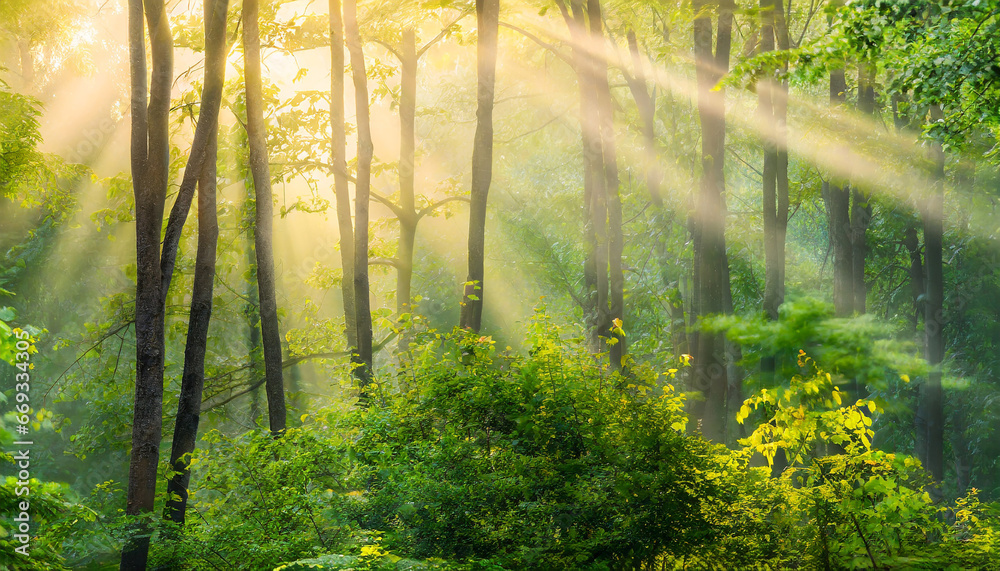 Fototapeta premium HighRes Panoramic Background of Green Forest with sunbeams through morning fog
