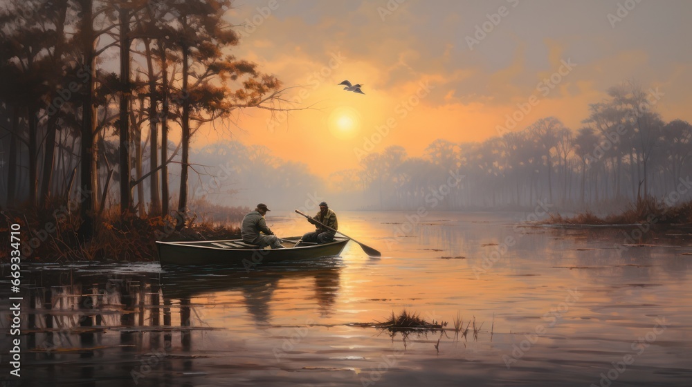 Fisherman rowing wooden boat on beautiful early morning lake