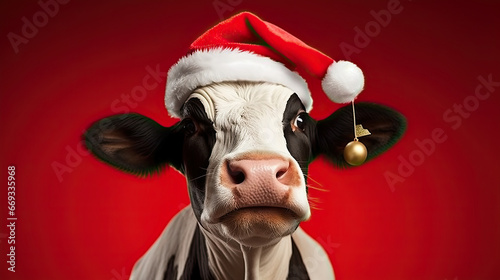 a cow stands wearing a santa hat on a red background photo