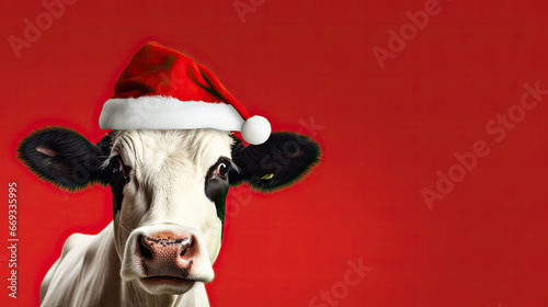 a cow stands wearing a santa hat on a red background