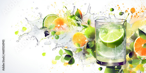 Quenching Summer Thirst Mojito Cocktail, Lemonade, Citrus Delight splashing in glass and White Wood Background Harmony generative ai