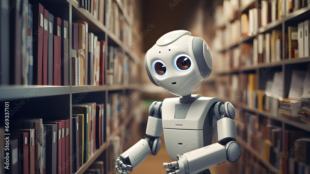 Librarian robot organizing and cataloging books in a vast library Librarian robot organizing and cataloging books in a vast library