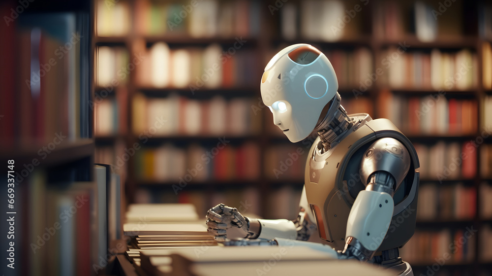 Librarian robot organizing and cataloging books in a vast library Librarian robot organizing and cataloging books in a vast library