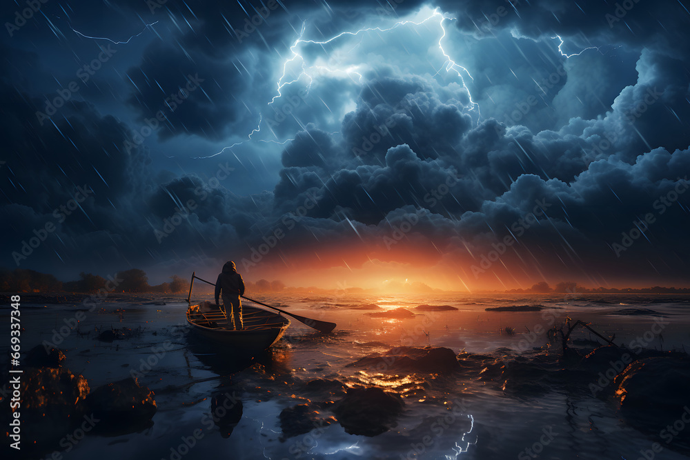  a man who is on a boat in ocean where the water is dark blue strong lightning strike on sky - obrazy, fototapety, plakaty 