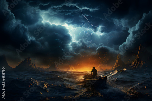  a man who is on a boat in ocean where the water is dark blue strong lightning strike on sky