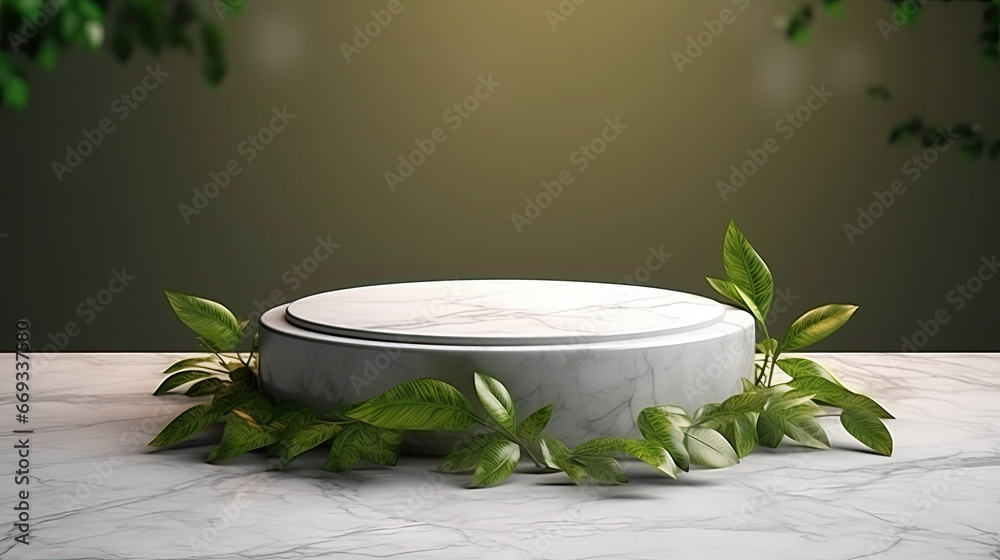 a round white marble pedestal with green leaves on the side. white podium for product presentation a round white marble pedestal with green leaves on the side. white podium for product presentation
