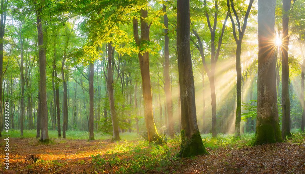 Obraz premium Panorama of Natural Beech and Oak Tree Forest with Sunbeams through Morning Fog
