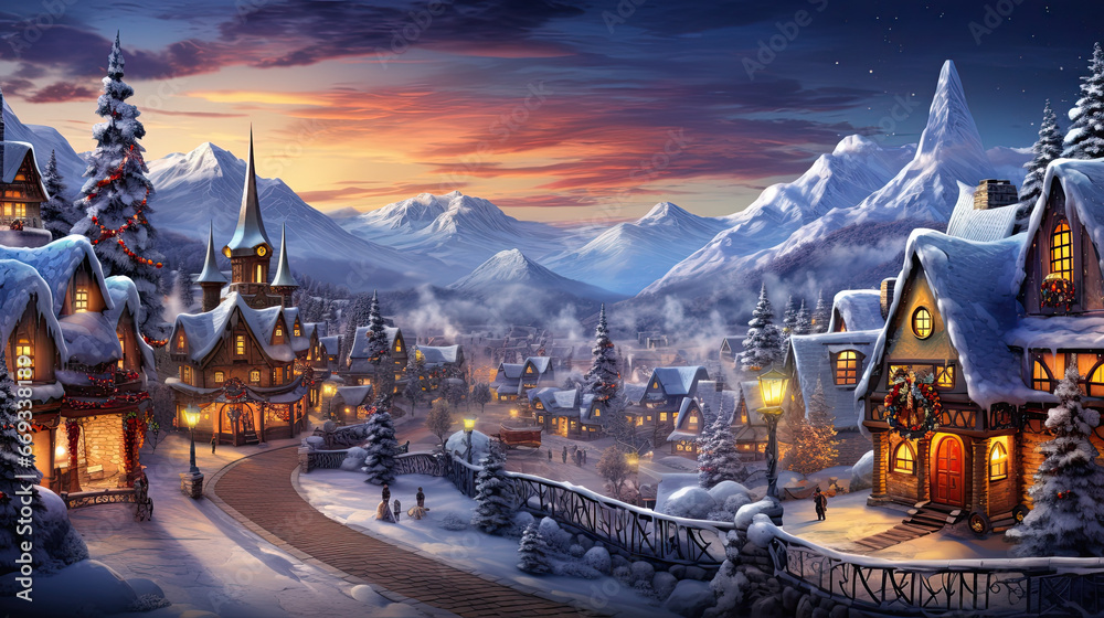 christmas scene in a town. falling snow town night landscape. christmas and happy new year concept christmas scene in a town. falling snow town night landscape. christmas and happy new year concept