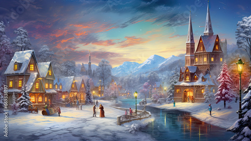 christmas scene in a town. falling snow town night landscape. christmas and happy new year concept photo