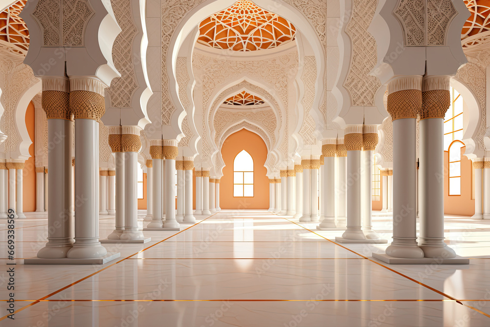 luxury mosque interior with white theme. a white interior mosque with arches