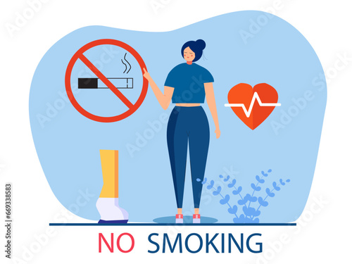 Woman with stop sign quits smoking. Ex-smoker with new health life. Concept of stop smoking, healthy habits. No tobacco day. Vector illustration.