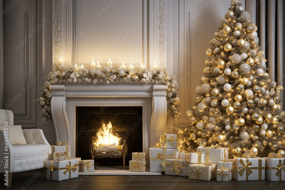 interior of living room christmas tree with lights and gifts on the fireplace. white colors interior of living room christmas tree with lights and gifts on the fireplace. white colors