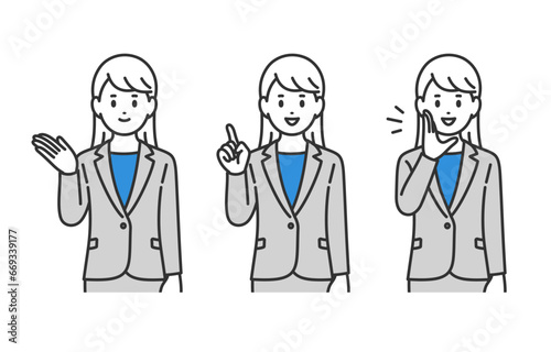 案内･指差し･呼びかけのポーズをするビジネスパーソン女性のセット【人物ベクターイラスト素材】