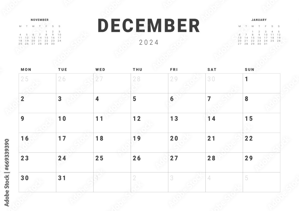 Monthly page Calendar Planner Templates of December 2024. Vector layout of simple calendar with week start Monday for print. Page for size A4 or 21x29.7 cm Monthly page Calendar Planner Templates of December 2024. Vector layout of simple calendar with week start Monday for print. Page for size A4 or 21x29.7 cm