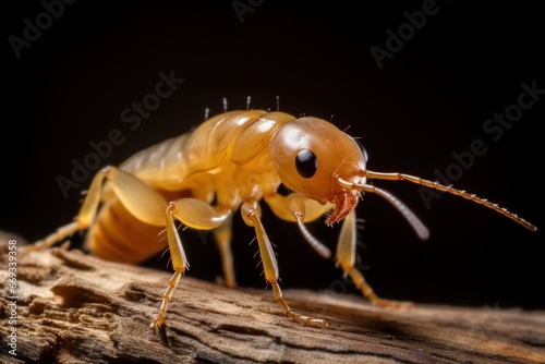The termite on the ground is searching for food to feed the larvae in the cavity. Selective focus of the small termite on decaying timber. Macro photo.